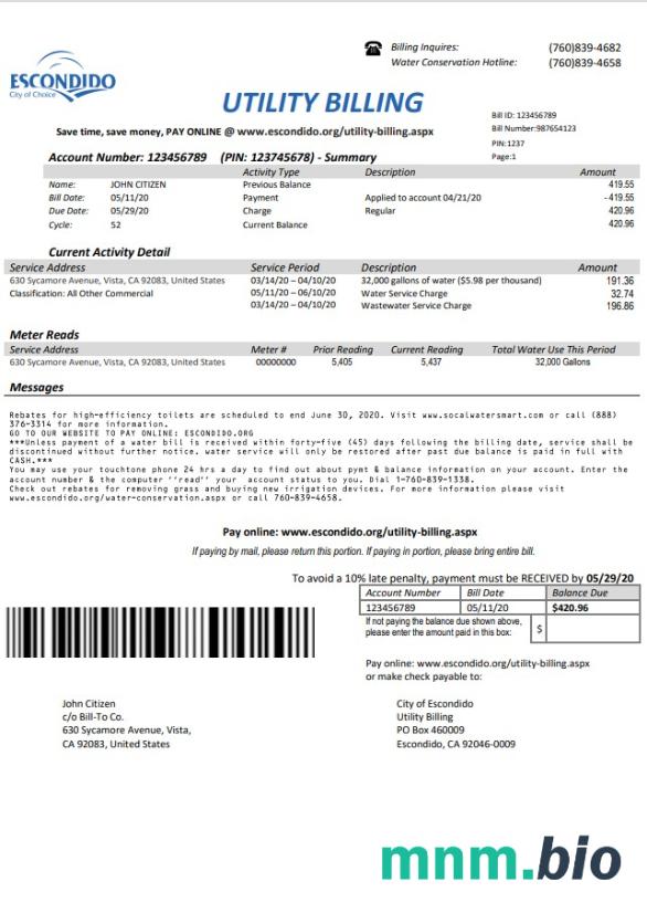 Usa California Escondido City of Choice rachunek za media szablon w formacie Word i PDF
